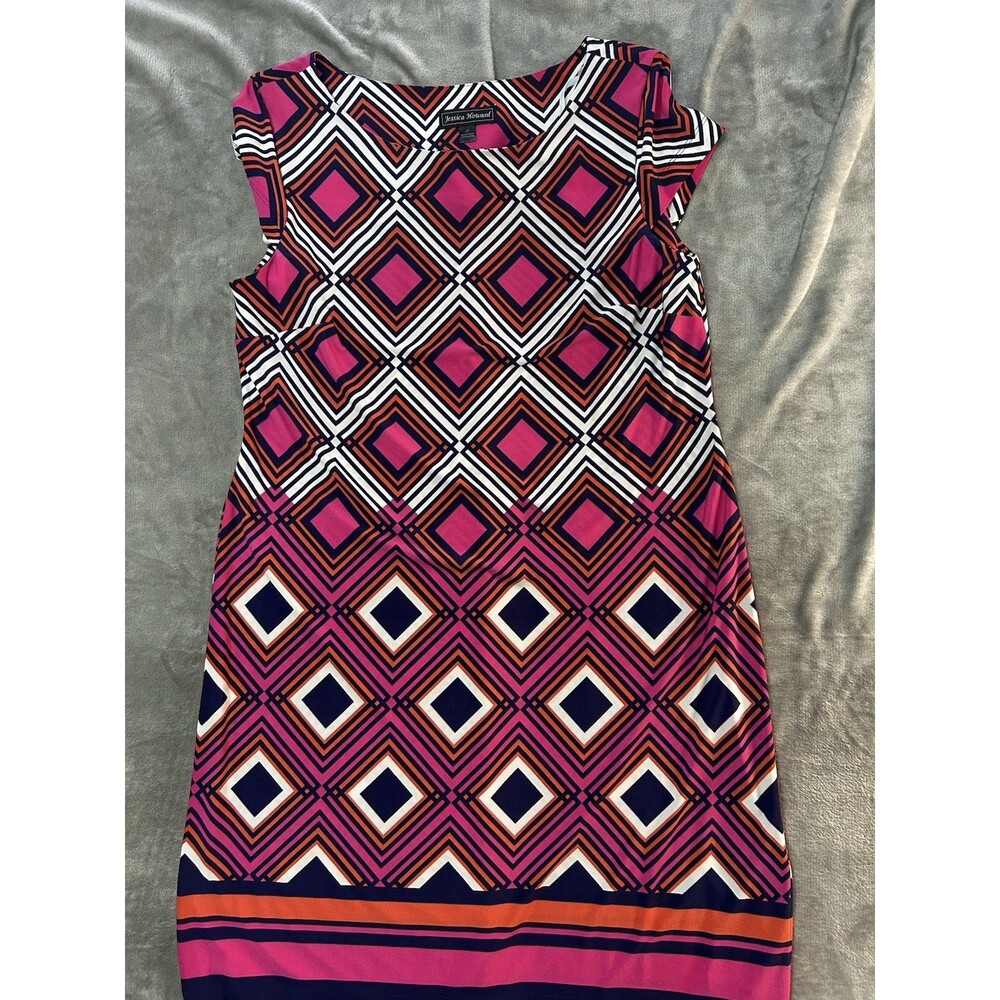 Jessica Howard Dress Womens Large Pink Blue Geometric Sleeveless Sheath